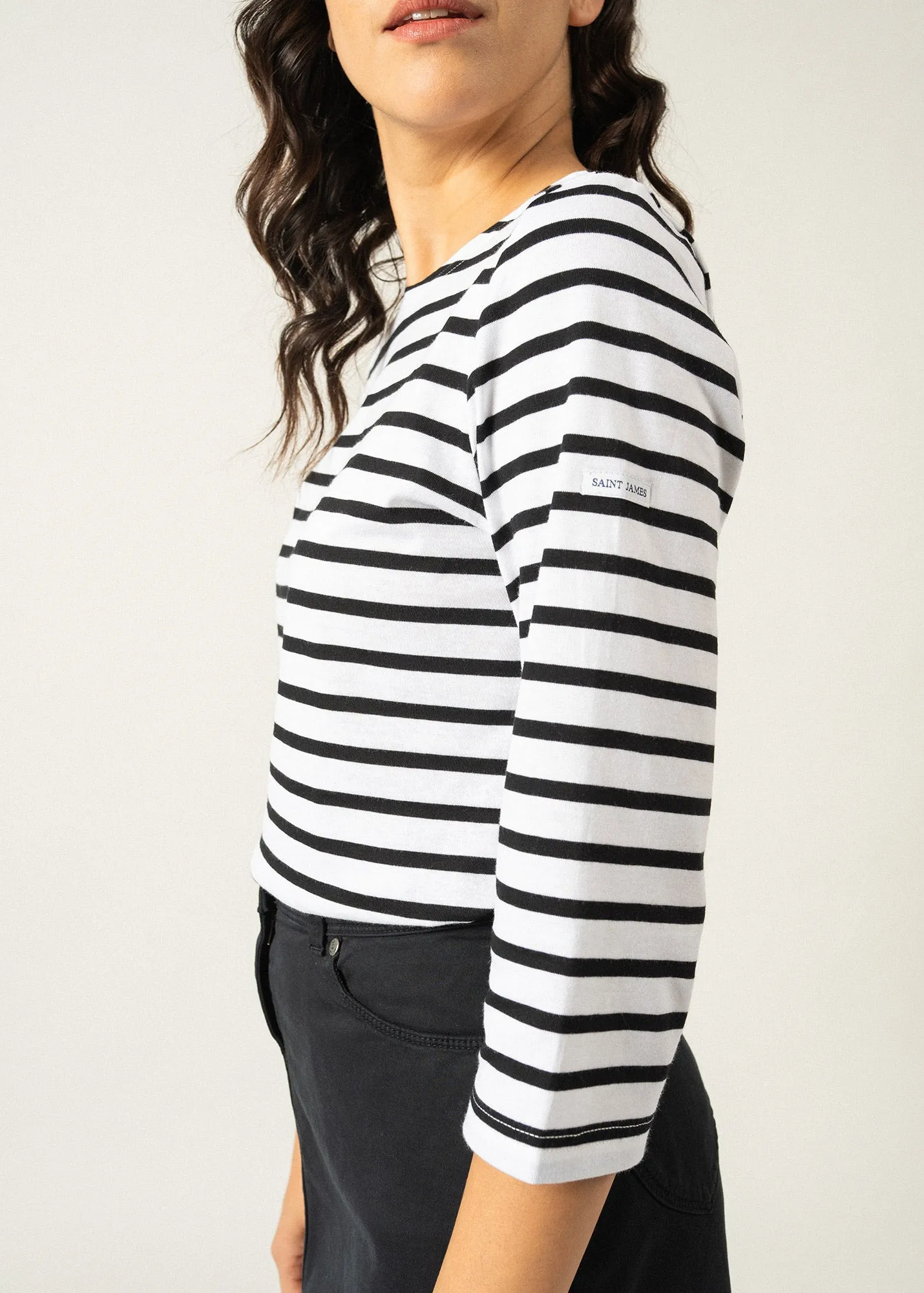 GALATHEE II - Breton Striped Top with ¾ Sleeve | Soft Cotton | Women Fit (WHITE / BLACK)