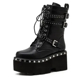 Gdgydh 2022 Spring Lace-Up Motorcycle Boots for Women Round Toe Thick Platform High Heels Female Ankle Boots Gothic Style Shoes