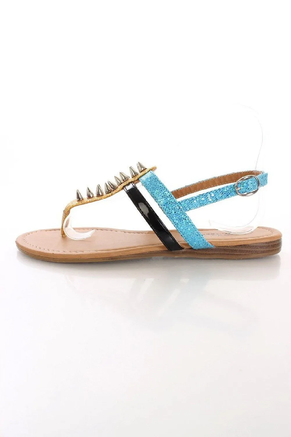 Gold Glitter Spike Studded T-strap Flat Sandal