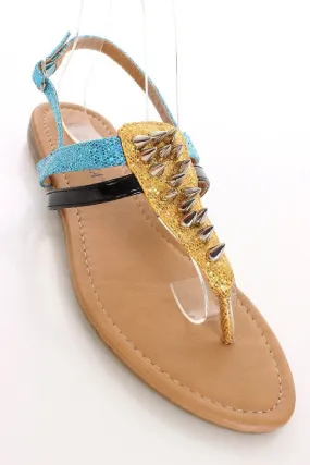 Gold Glitter Spike Studded T-strap Flat Sandal