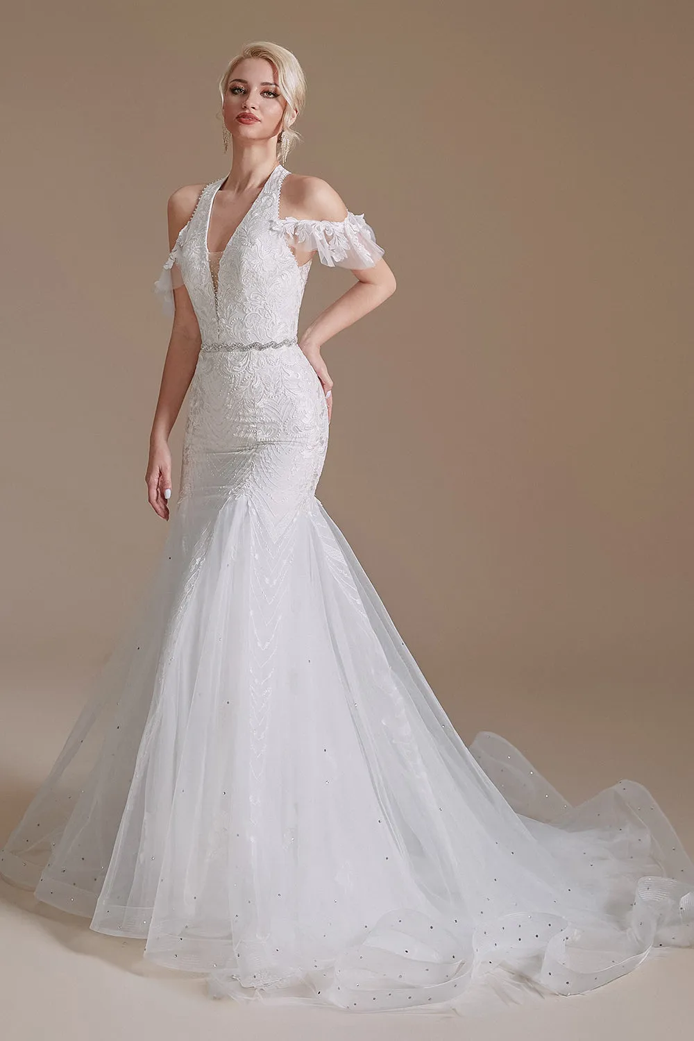 Gorgeous Long Mermaid Lace V-Neck Tulle Wedding Dress