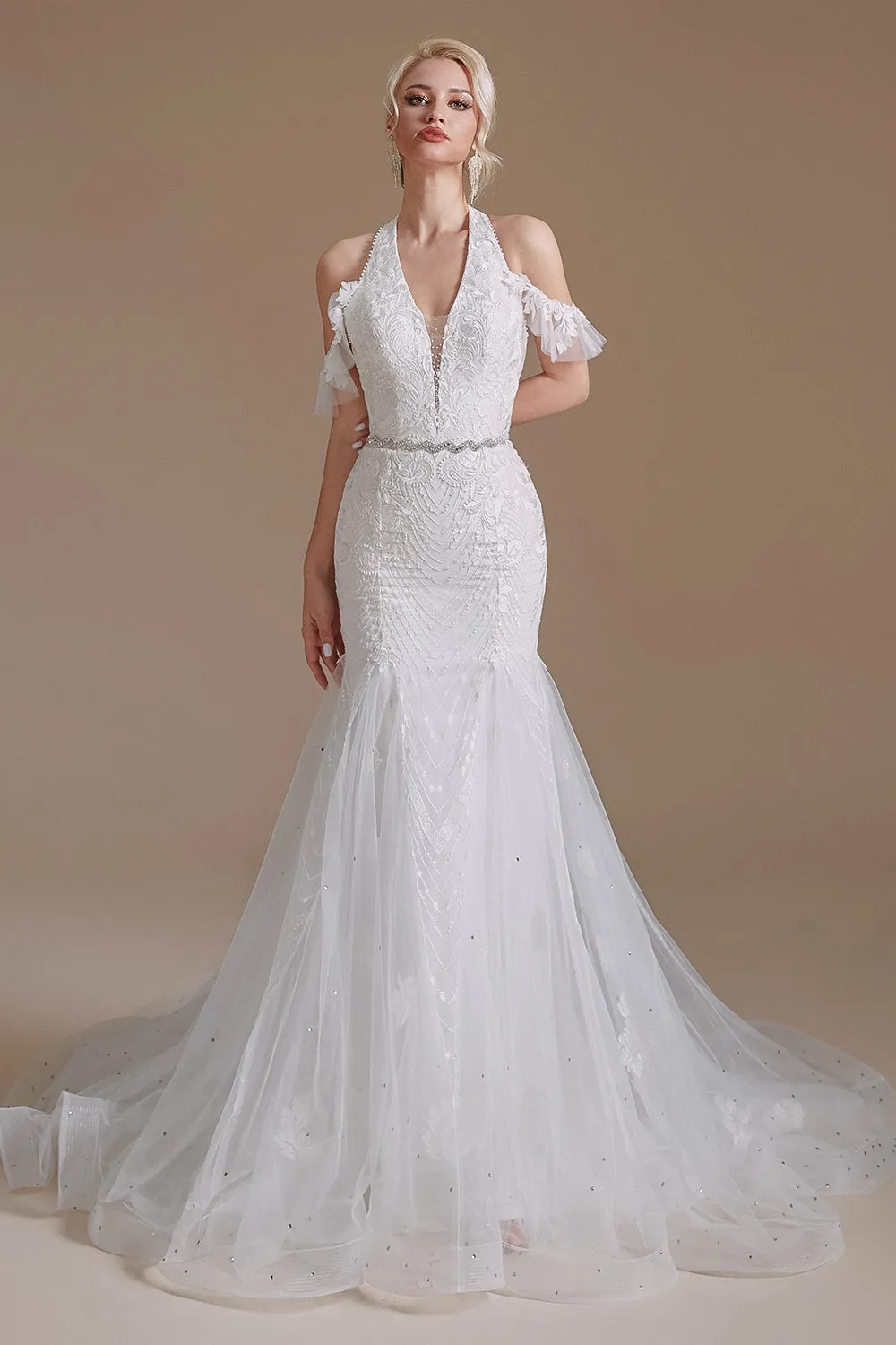 Gorgeous Long Mermaid Lace V-Neck Tulle Wedding Dress