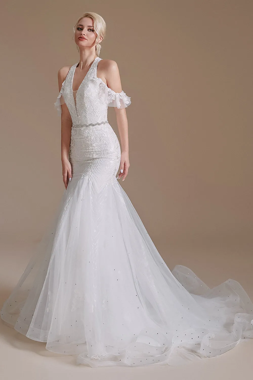 Gorgeous Long Mermaid Lace V-Neck Tulle Wedding Dress