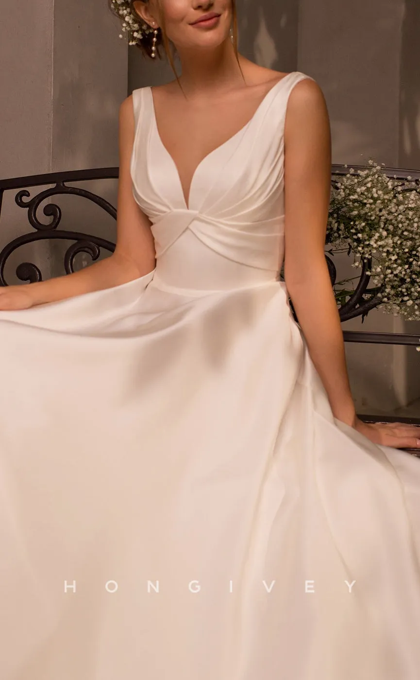 H1061 - Classic Satin Empire V-neck Ruched With Train Beach Wedding Dress