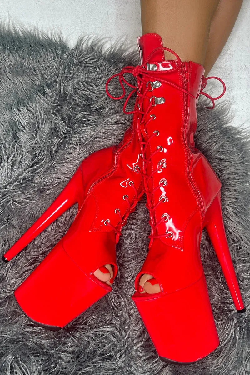 Hella Heels LipKit Open Toe 8inch Boots - Cherry Pie