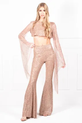 Honey Couture KIRRA Gold Crystal Detail Flared Jumpsuit