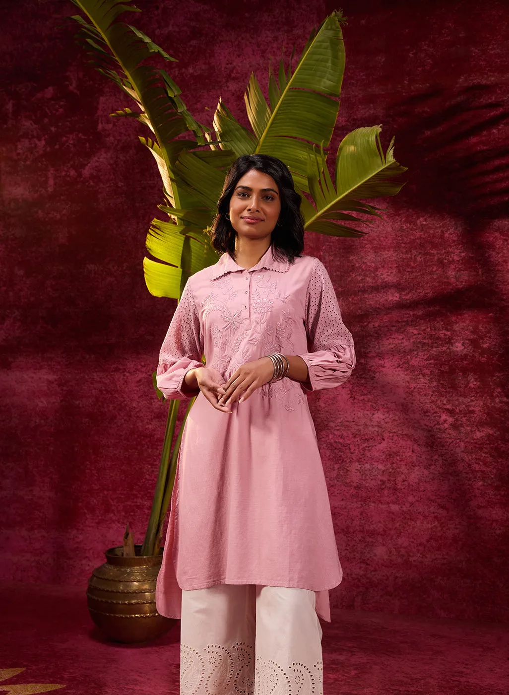 Kyla Basil Rose Pink Embroidered Cotton Linen Tunic for Women