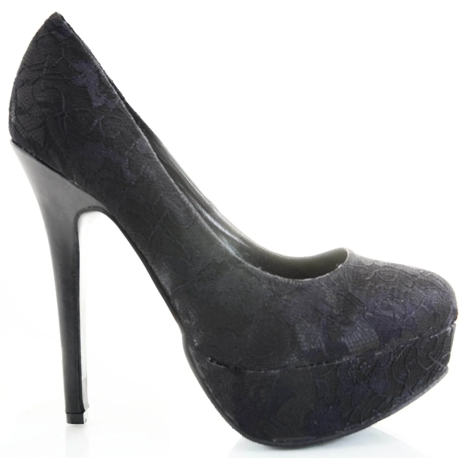 Lace Overlay Glitter Almond Toe Stiletto Platform Pump Black