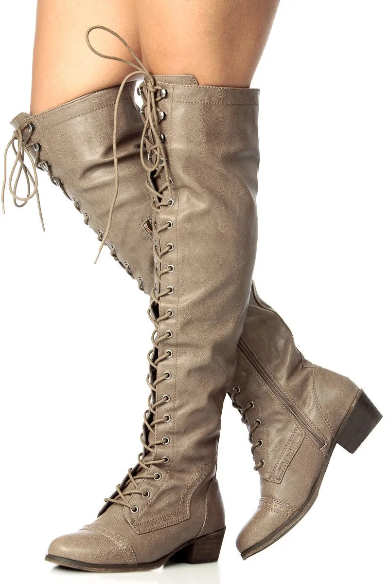 Lace Up Military Over the Knee High Boots Vegan Faux Leather