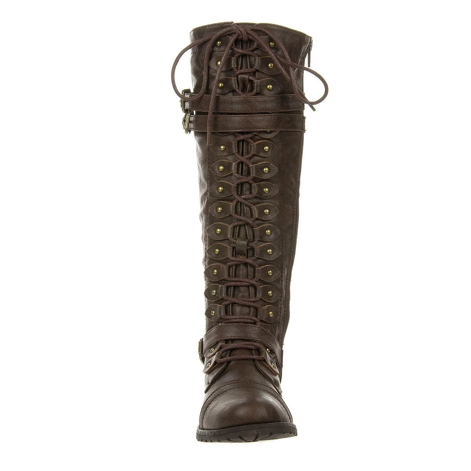 Leatherette Triple Buckle Lace Up Knee High Boot