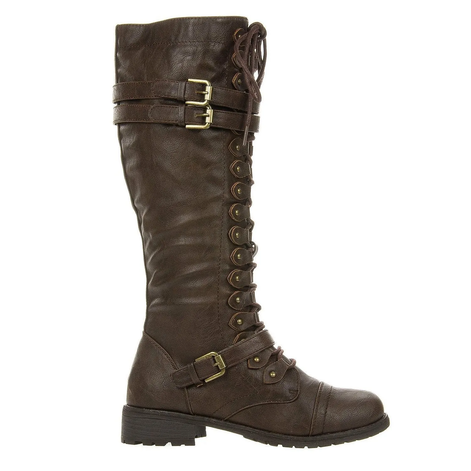 Leatherette Triple Buckle Lace Up Knee High Boot