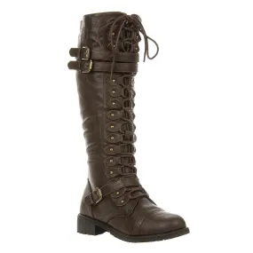 Leatherette Triple Buckle Lace Up Knee High Boot