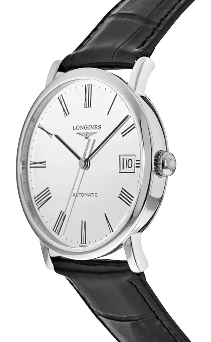 Longines Elegant Automatic Stainless Steel White Dial Black Leather Strap Date Womens Watch L4.809.4.11.2