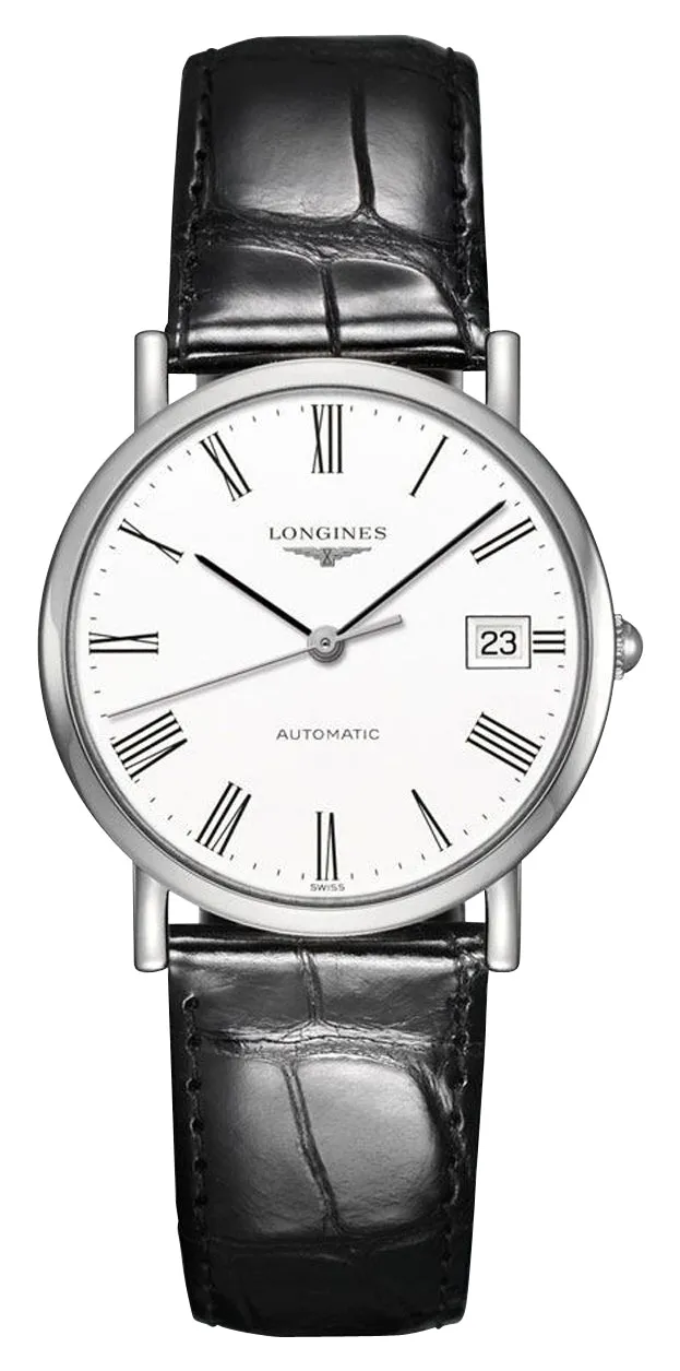 Longines Elegant Automatic Stainless Steel White Dial Black Leather Strap Date Womens Watch L4.809.4.11.2