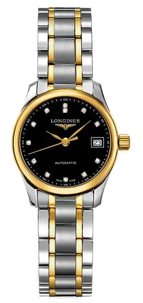 Longines Master Collection Automatic Two-Tone Stainless Steel Black Dial Diamonds Date Womens Watch L2.128.5.57.7