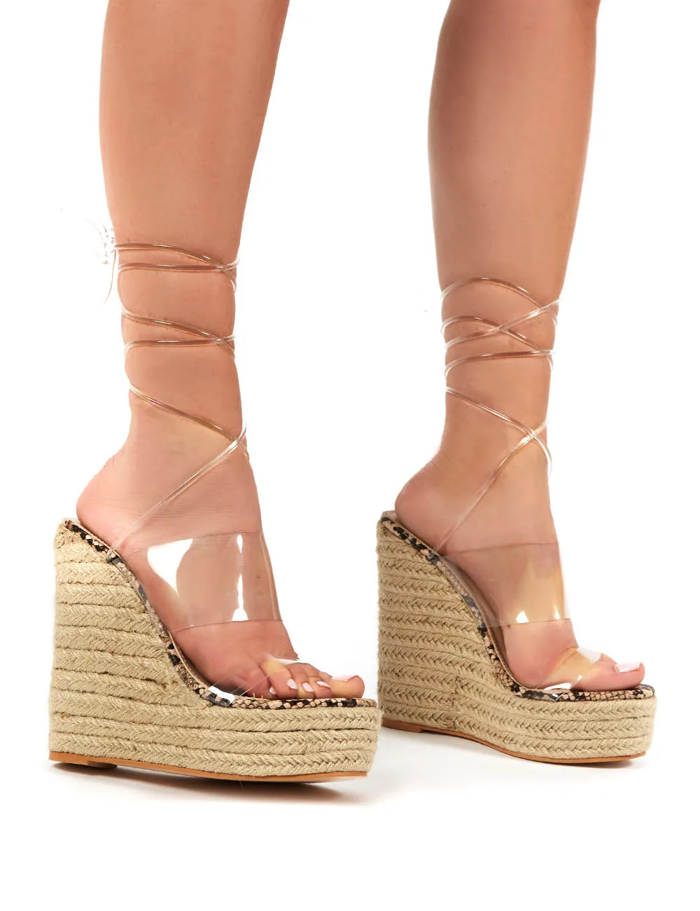 Natalia Natural Snake Clear Perspex Wrap Around Wedge