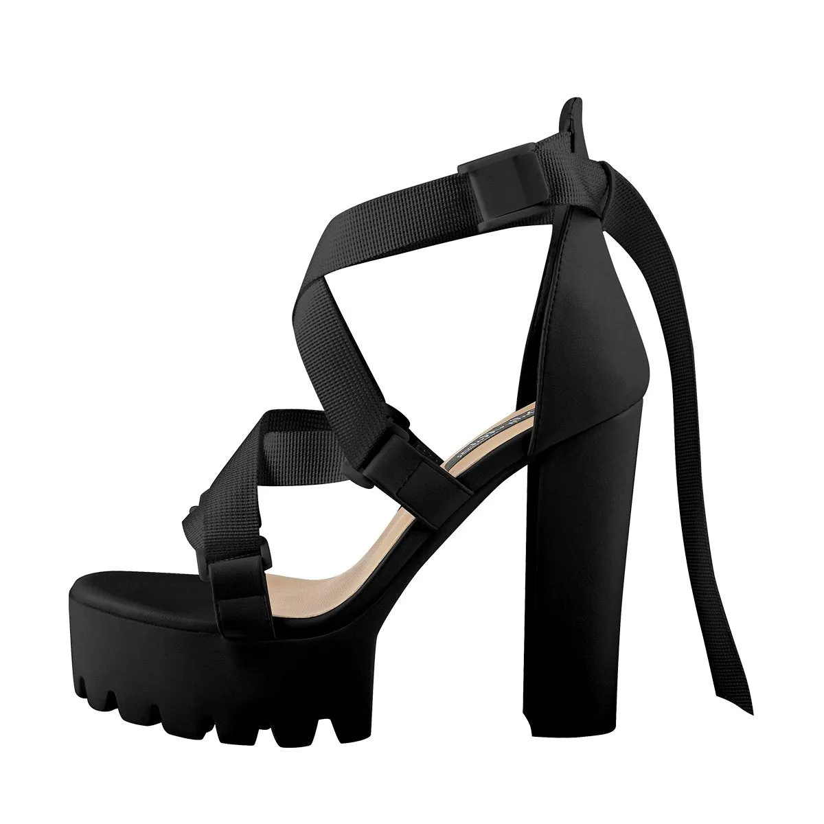 Open Toe Black Cross Strap Platform Block Heel Sandals