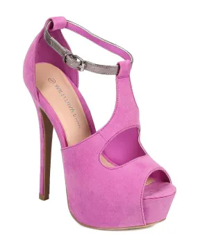 Orchid Suede Peep Toe T-Strap Cutout Platform Sandal