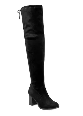 Over the Knee Block Heel Women's Stretchy Vegan Black Boots