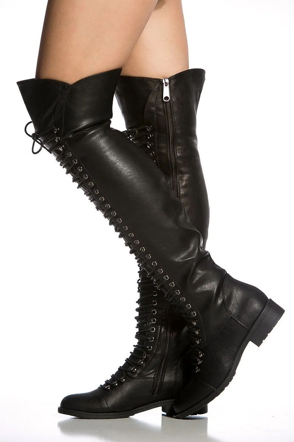 Over the Knee Lace Up Riding Faux Leather Thigh High Combat Boots