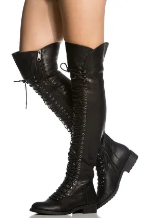 Over the Knee Lace Up Riding Faux Leather Thigh High Combat Boots