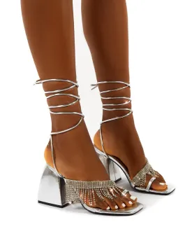 Peri Silver Lace Up Diamante Fringe Detail Toe Loop Chunky Heel