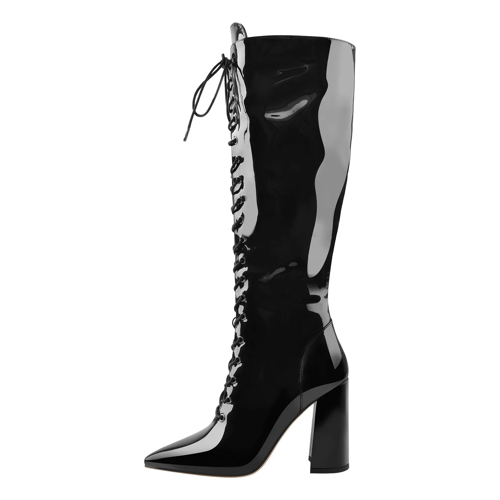 Pointed Toe Black Lace Up Zipper Knee High Chunky Heel Boots