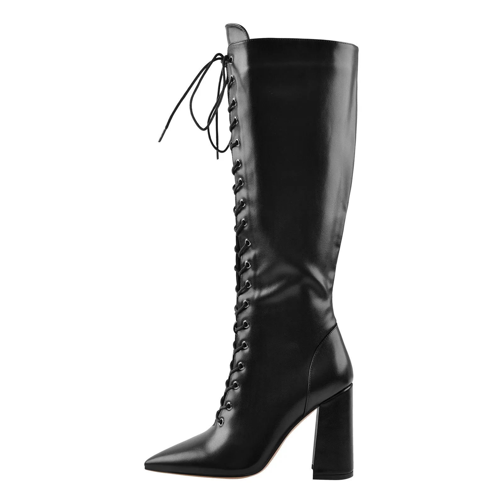 Pointed Toe Black Lace Up Zipper Knee High Chunky Heel Boots