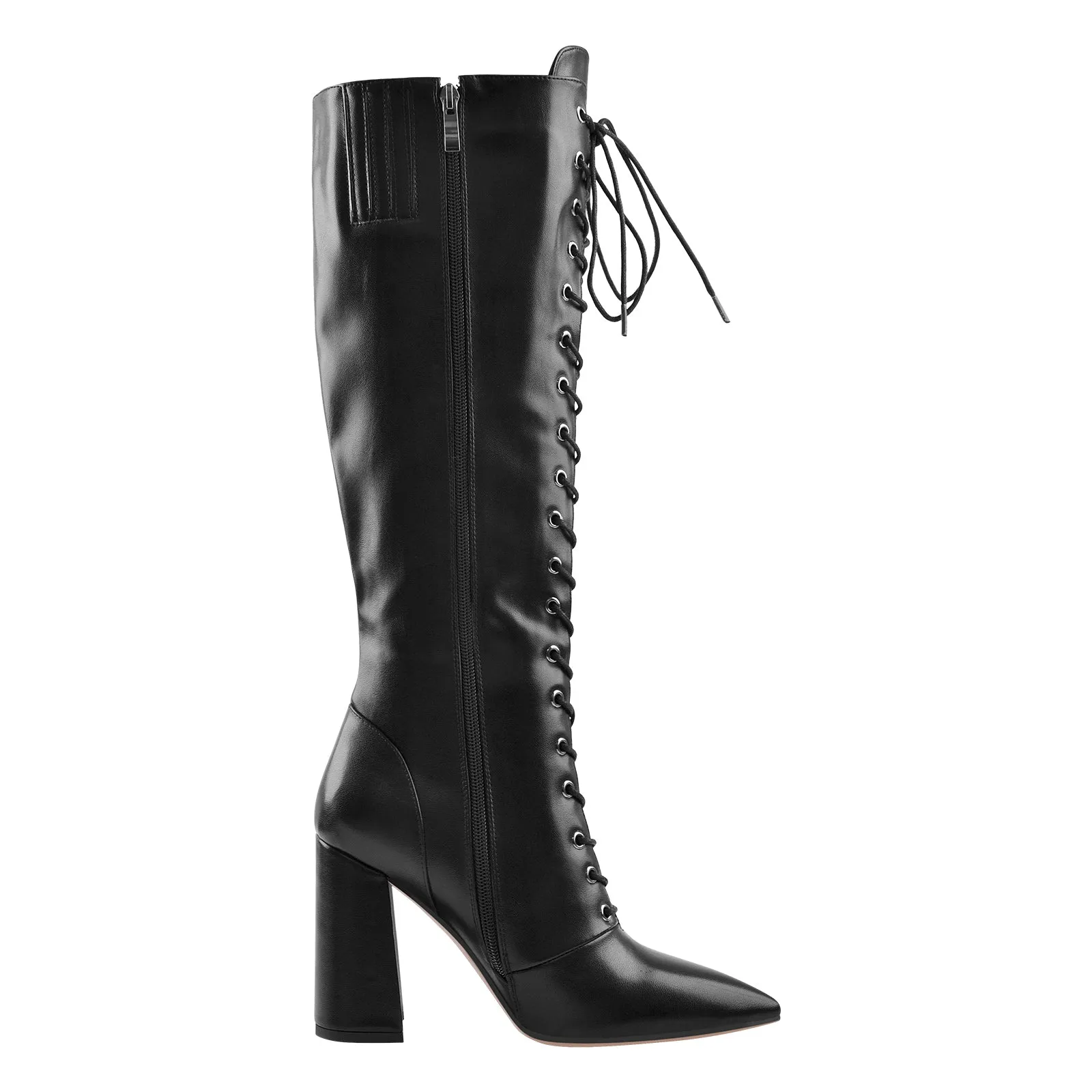 Pointed Toe Black Lace Up Zipper Knee High Chunky Heel Boots