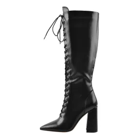 Pointed Toe Black Lace Up Zipper Knee High Chunky Heel Boots