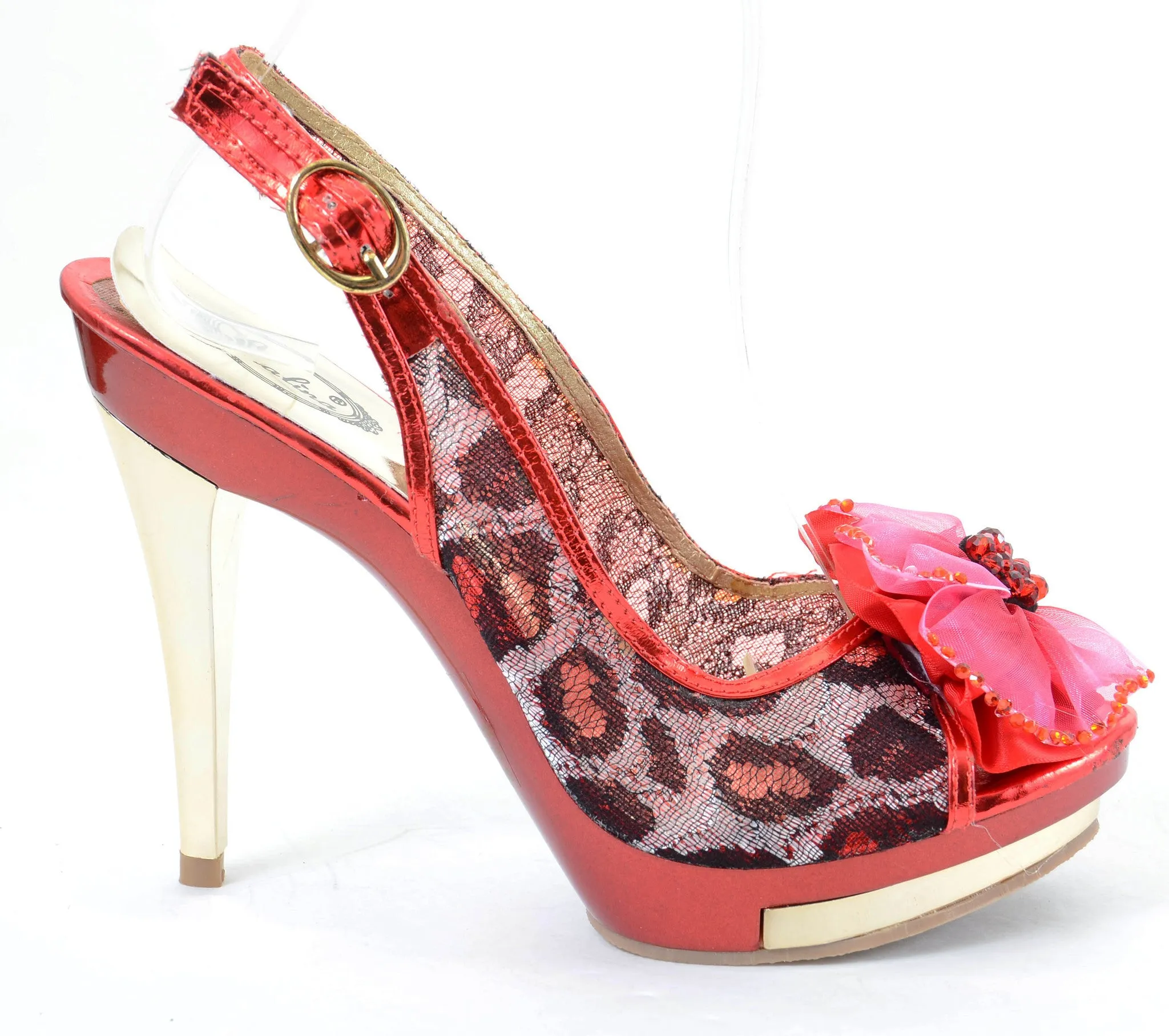 Red Leopard Jeweled Broach Platform Slingback Peep toe Heels