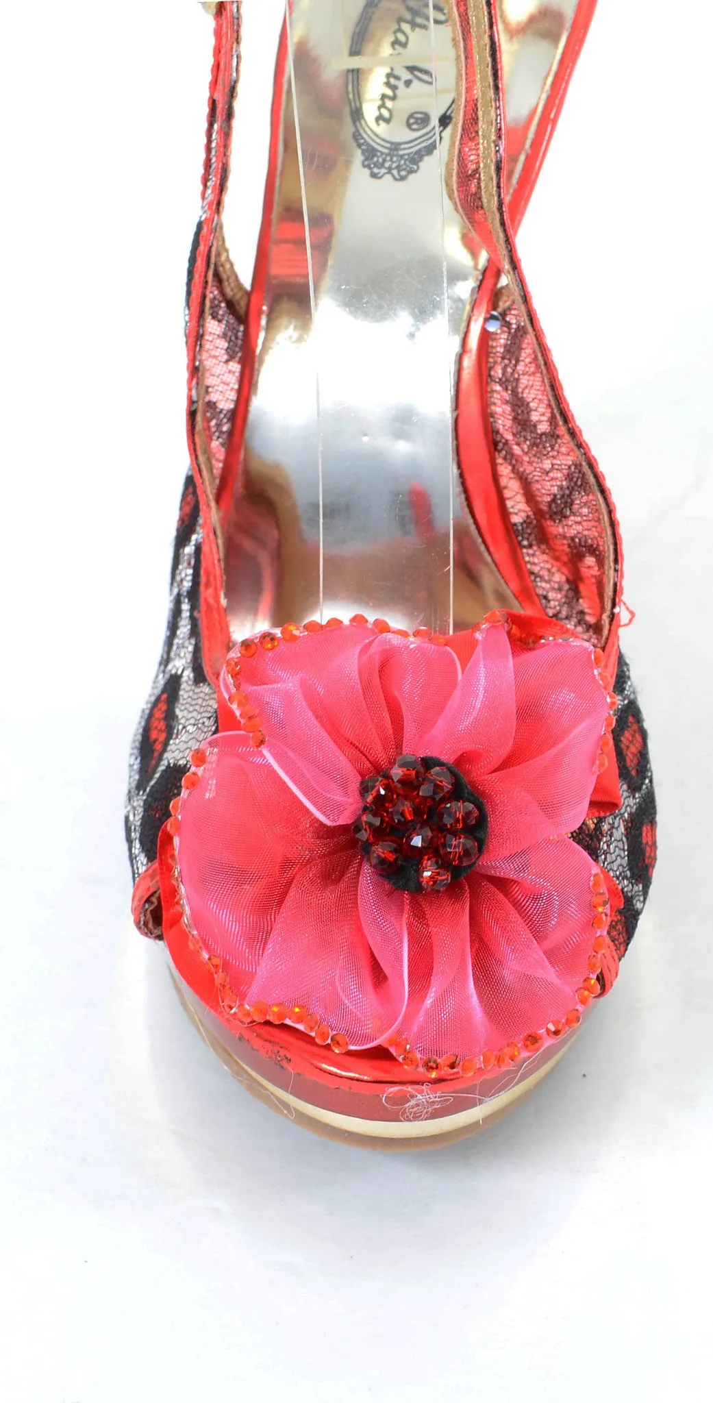 Red Leopard Jeweled Broach Platform Slingback Peep toe Heels