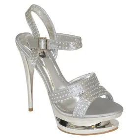 Rhinestone Strappy Platform High Heel Silver Dress Shoes