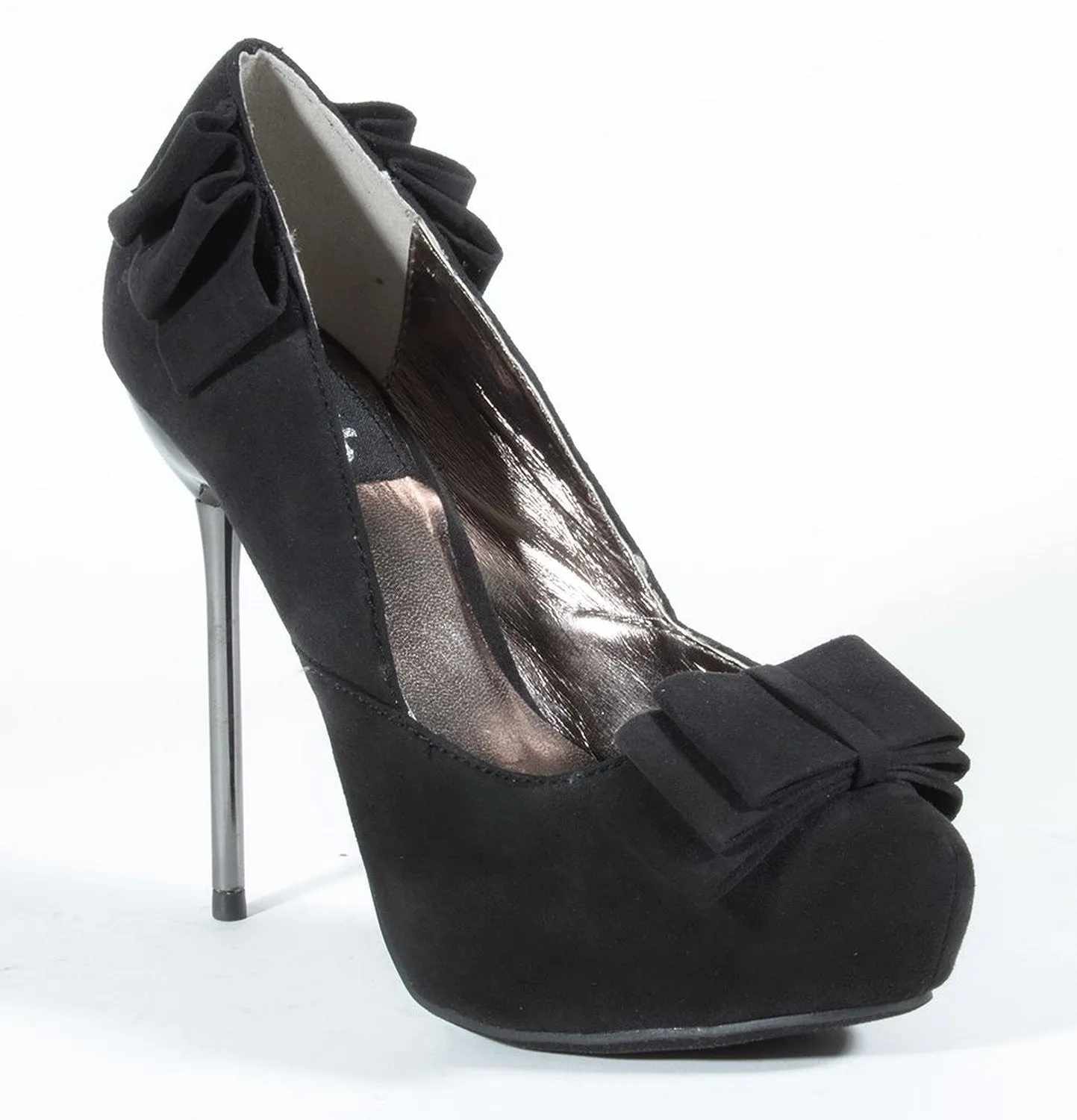 Satin Ribbon Bow Closed Toe Faux Suede Stiletto Heel Pump