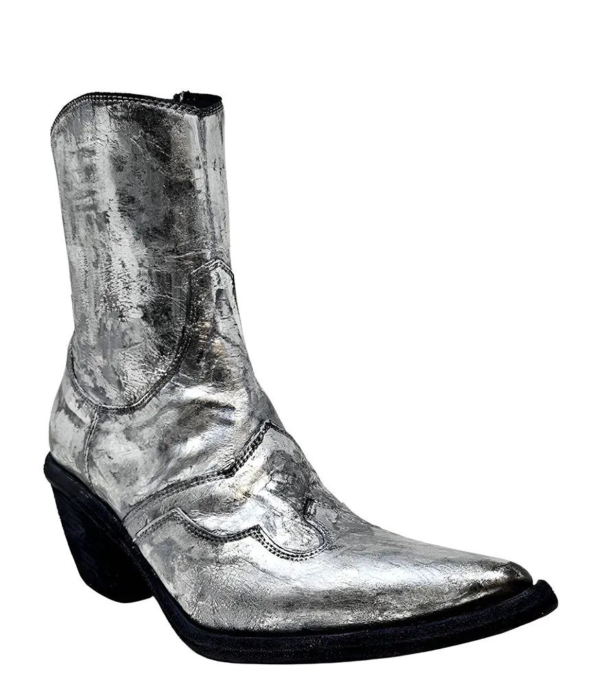 Silver Laminated Pointy Toe Ankle Boot