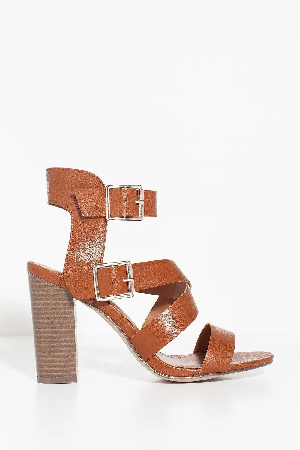 Strappy Chunky Heel Double Buckle Open Toe Sandal Tan