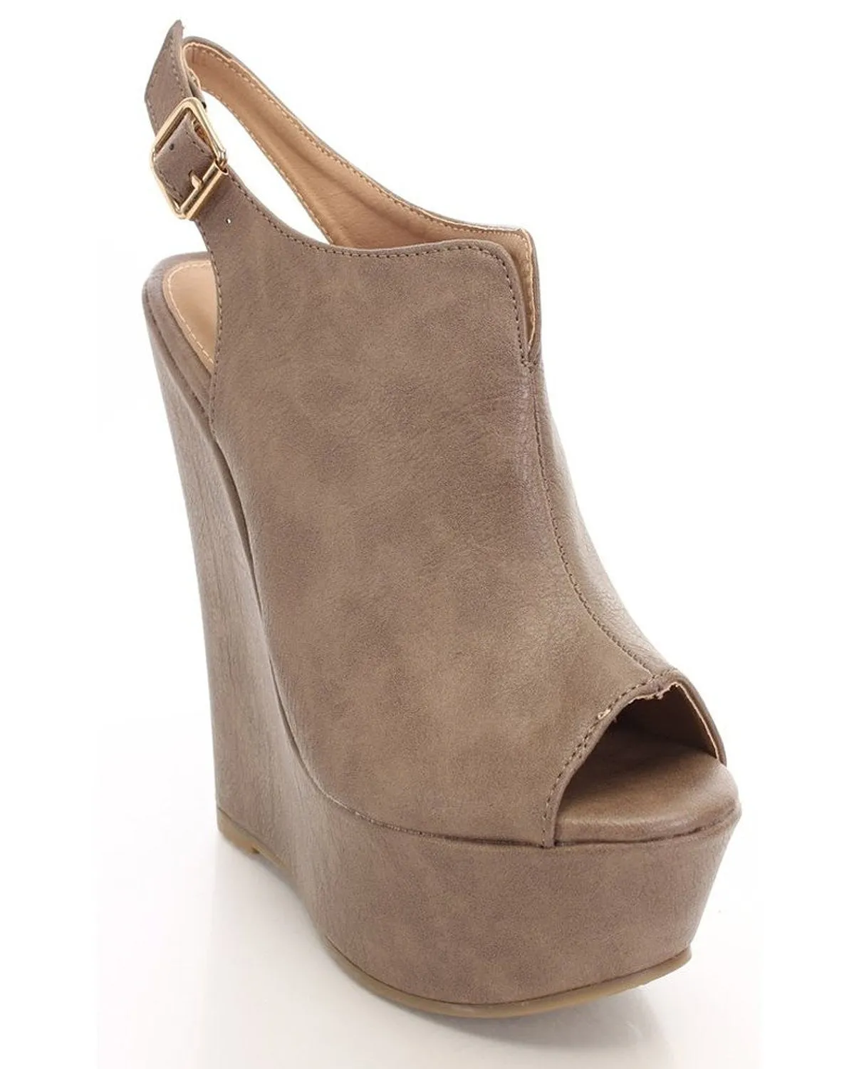 Taupe Faux Leather Peep Toe Platform Wedges