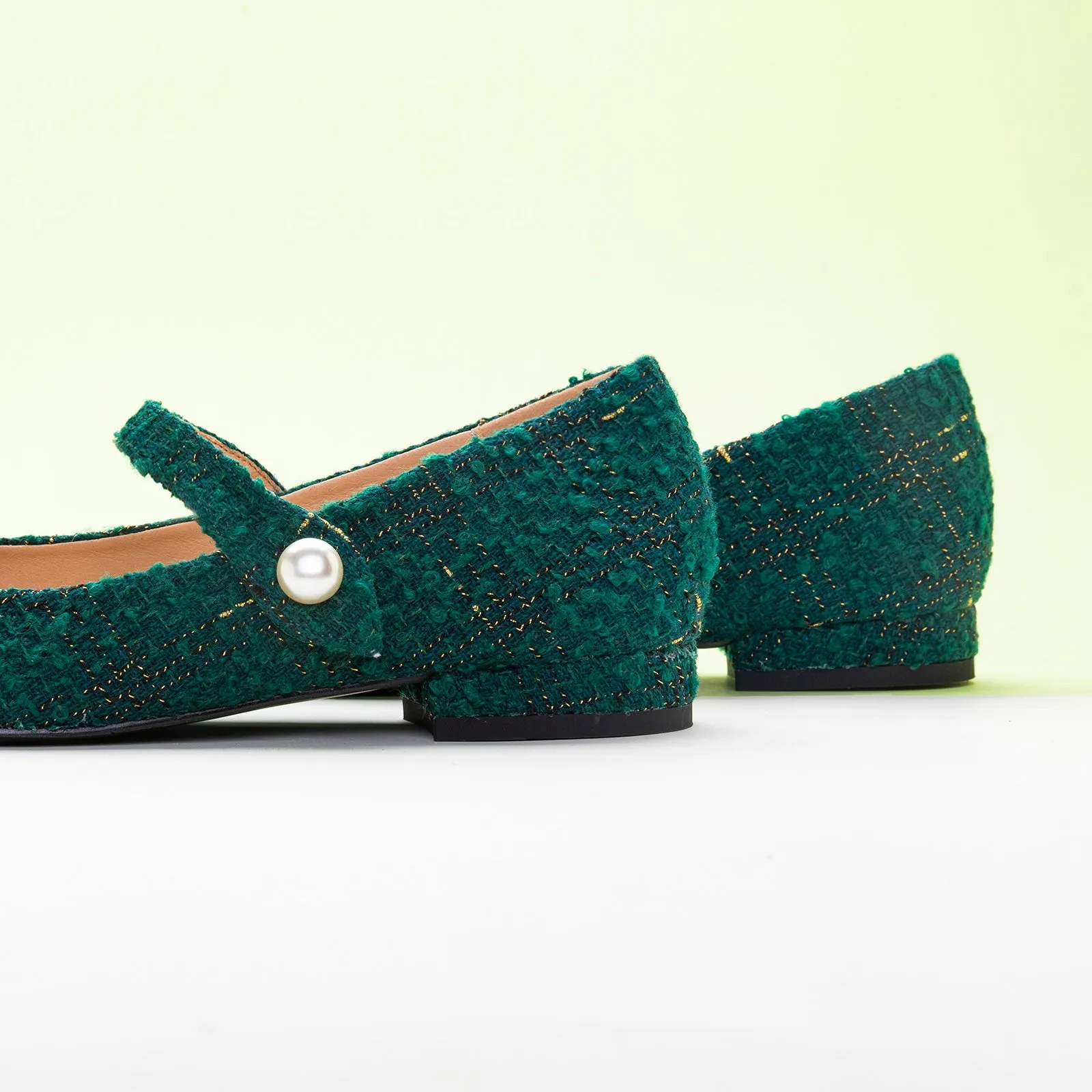 Tweed Single Strap Pearl Button Mary Jane Green