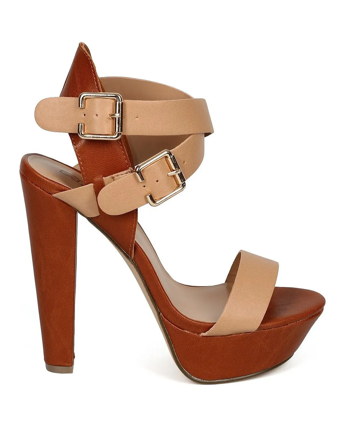 Two Tone Open Toe Cross Ankle Strap Chunky Heel Natural