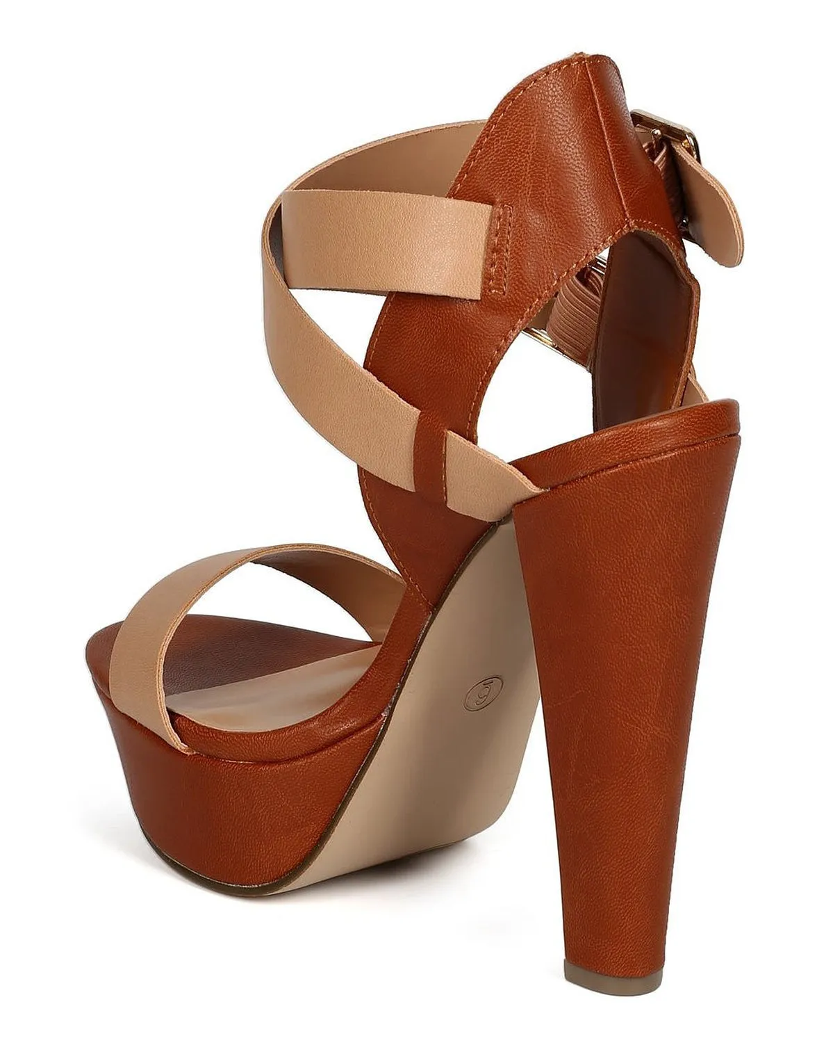 Two Tone Open Toe Cross Ankle Strap Chunky Heel Natural