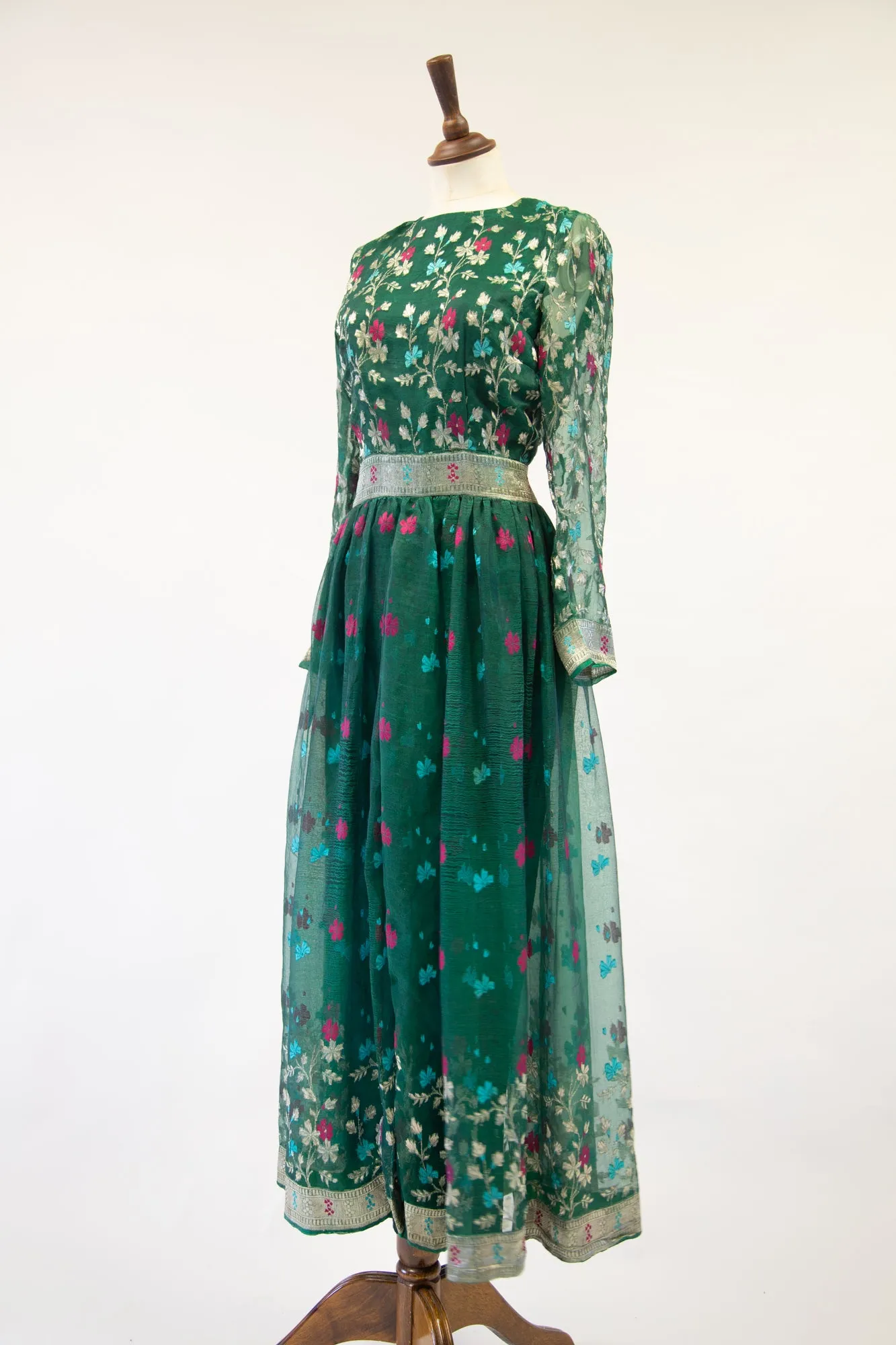 Vintage 1980s Green Silk Saree Dress Set