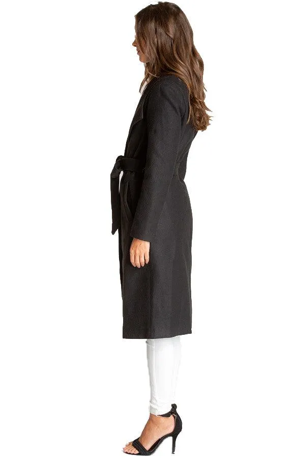 Women’s Black Soft Lapel Wrap Coat with Belt