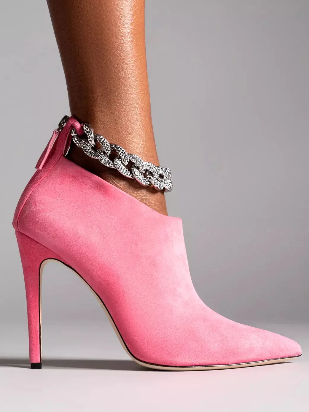 Women’s Crystal Chain High-Heel Suede Ankle Boots in Pink