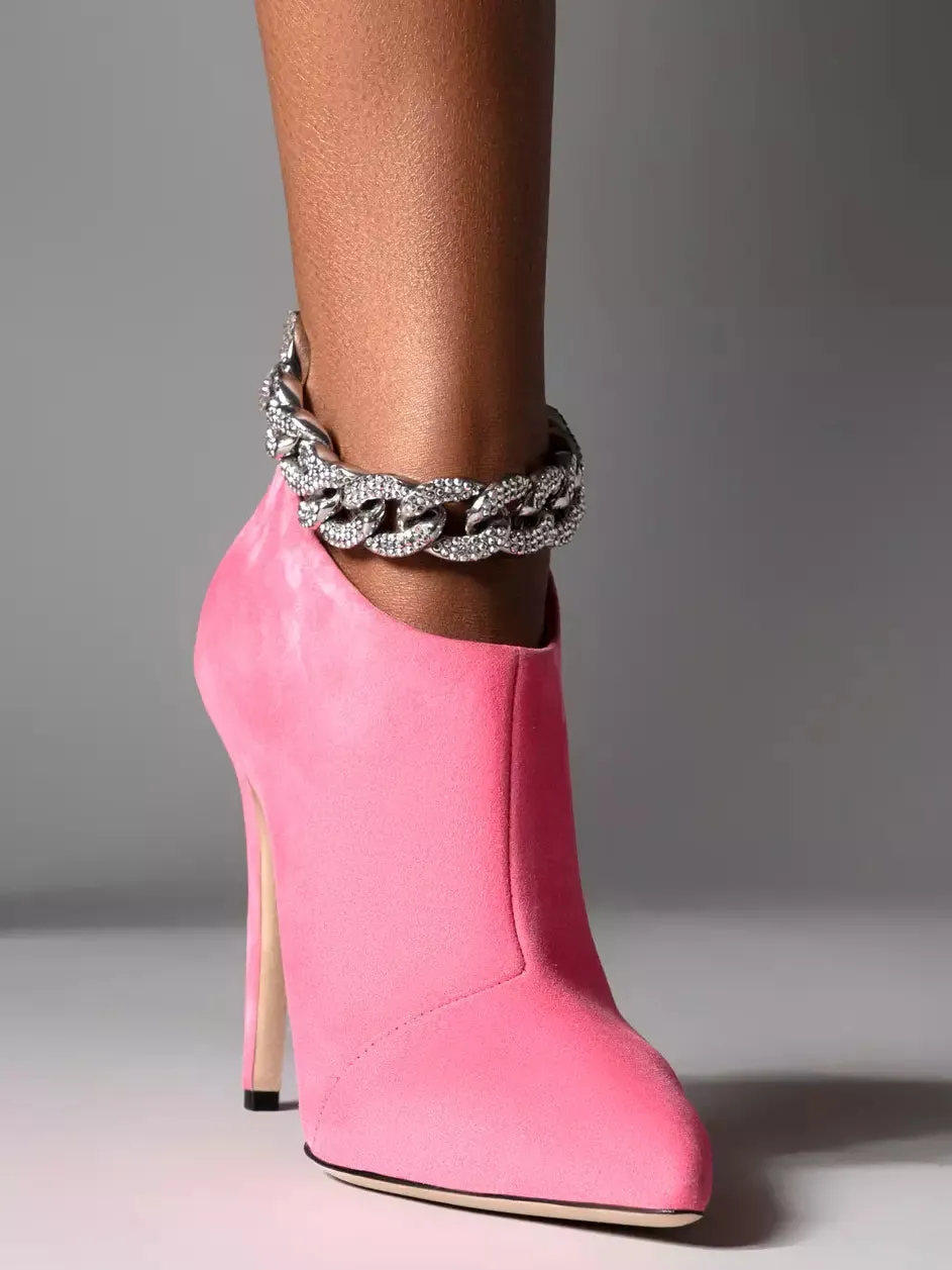 Women’s Crystal Chain High-Heel Suede Ankle Boots in Pink