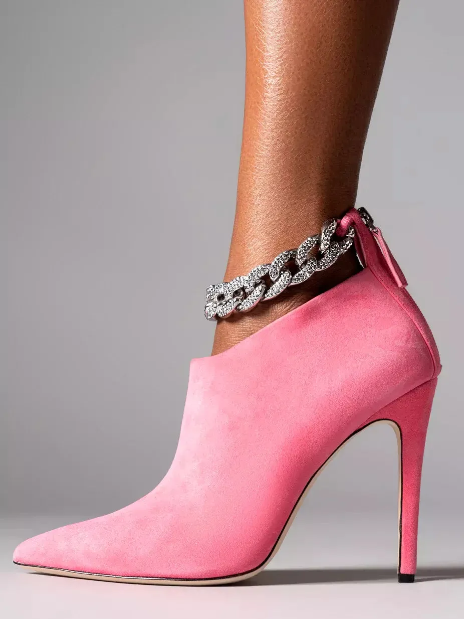 Women’s Crystal Chain High-Heel Suede Ankle Boots in Pink