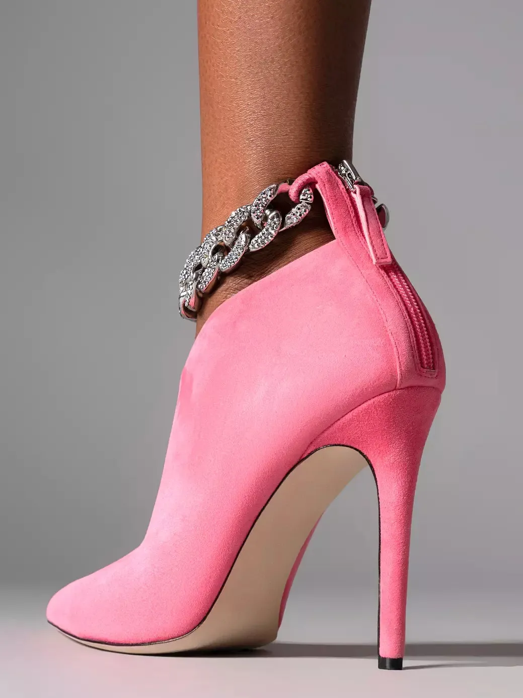 Women’s Crystal Chain High-Heel Suede Ankle Boots in Pink