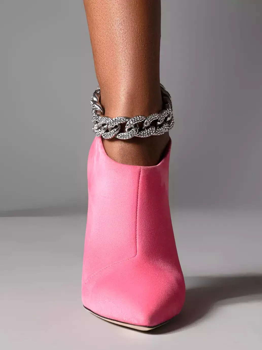 Women’s Crystal Chain High-Heel Suede Ankle Boots in Pink